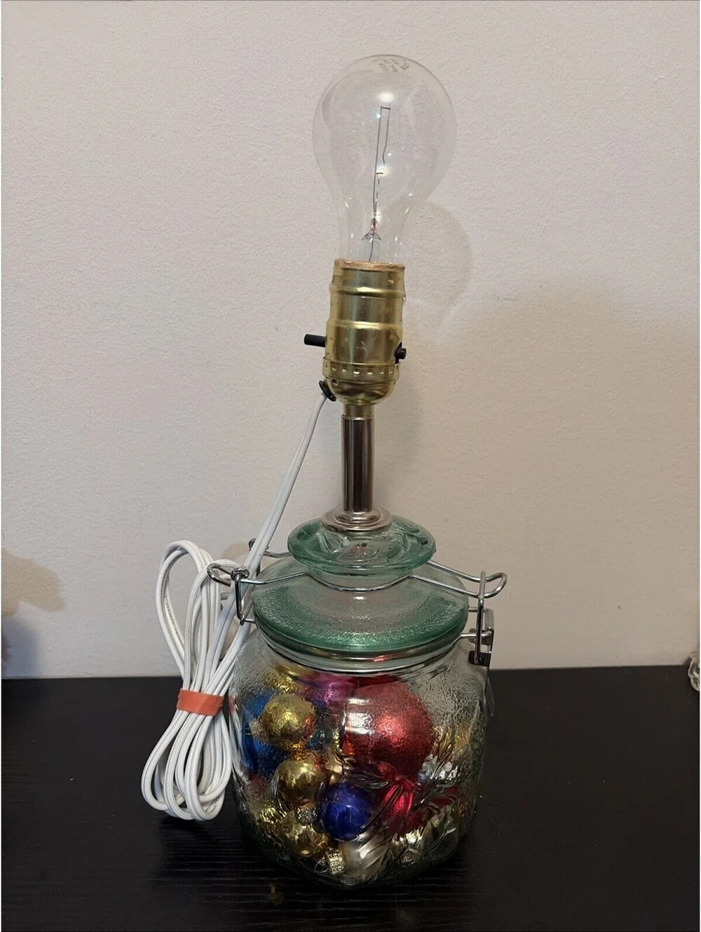 Aqua Clear Jar With Latch Filled With Christmas Bulbs Lamp Works
